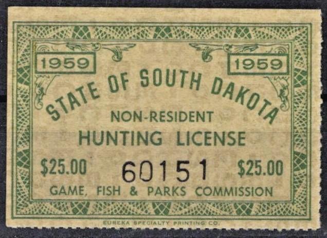 1959 South Dakota $25 Non-Resident Hunting Stamp Cotton# SD-HN1 MNH VF ZAYIX
