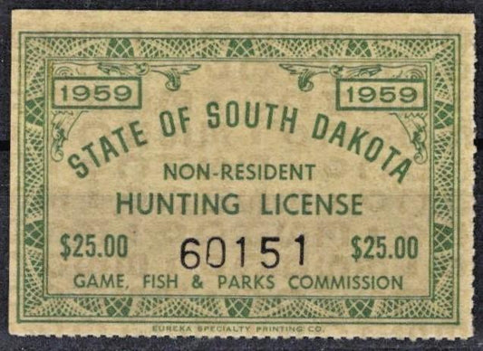 1959 South Dakota $25 Non-Resident Hunting Stamp Cotton# SD-HN1 MNH VF ZAYIX