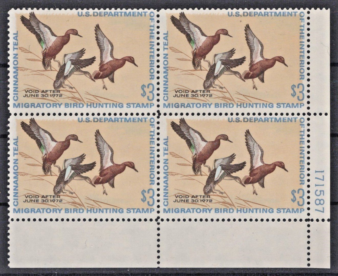 US 1971 $3 Cinnamon Teal Duck Stamp Plate Block Scott# RW38 MNH VF ZAYIX