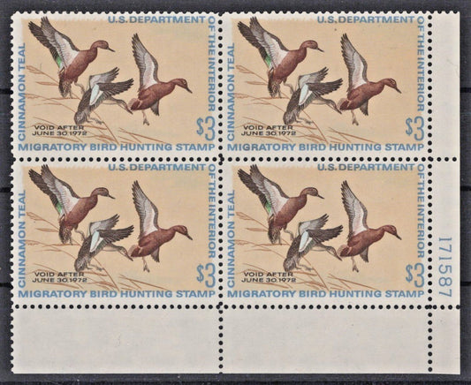 US 1971 $3 Cinnamon Teal Duck Stamp Plate Block Scott# RW38 MNH VF ZAYIX