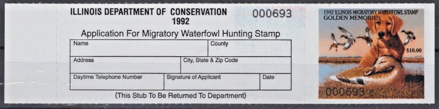 1992 Illinois $10 Golden Retriever State Duck Stamp Cotton# IL-W18 MNH VF ZAYIX