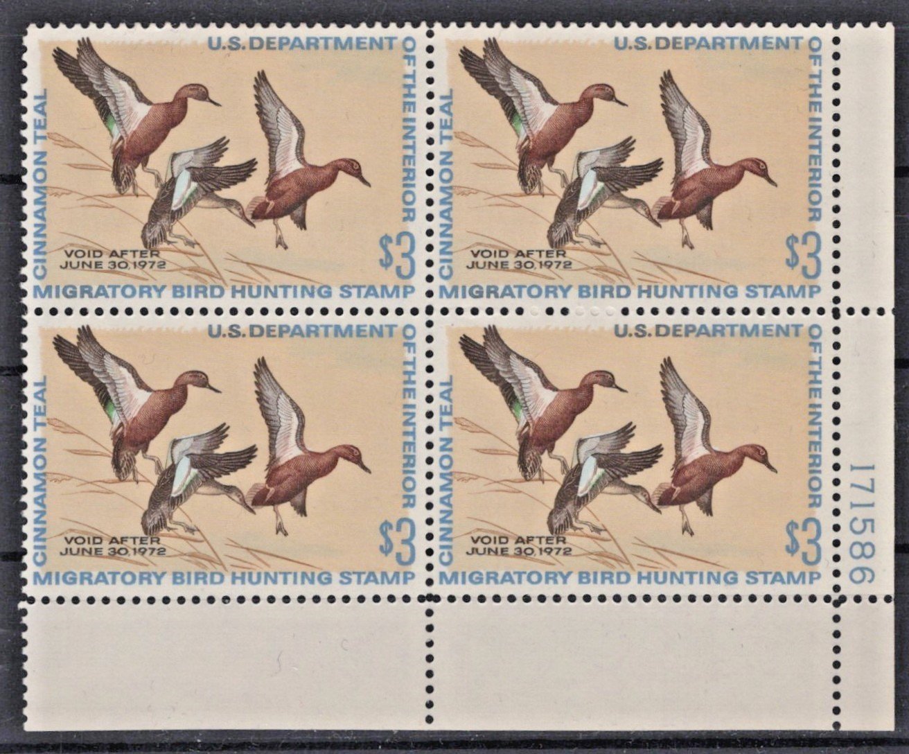 US 1971 Cinnamon Teal $3 Duck Stamp Plate Block Sc# RW38 MNH VF, P# 171586 ZAYIX