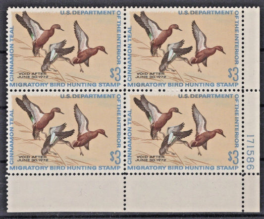 US 1971 Cinnamon Teal $3 Duck Stamp Plate Block Sc# RW38 MNH VF, P# 171586 ZAYIX