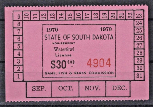 1970 South Dakota $30 Pink Non-Resident Duck Stamp Cot# SD-WN1 MNH VF ZAYIX