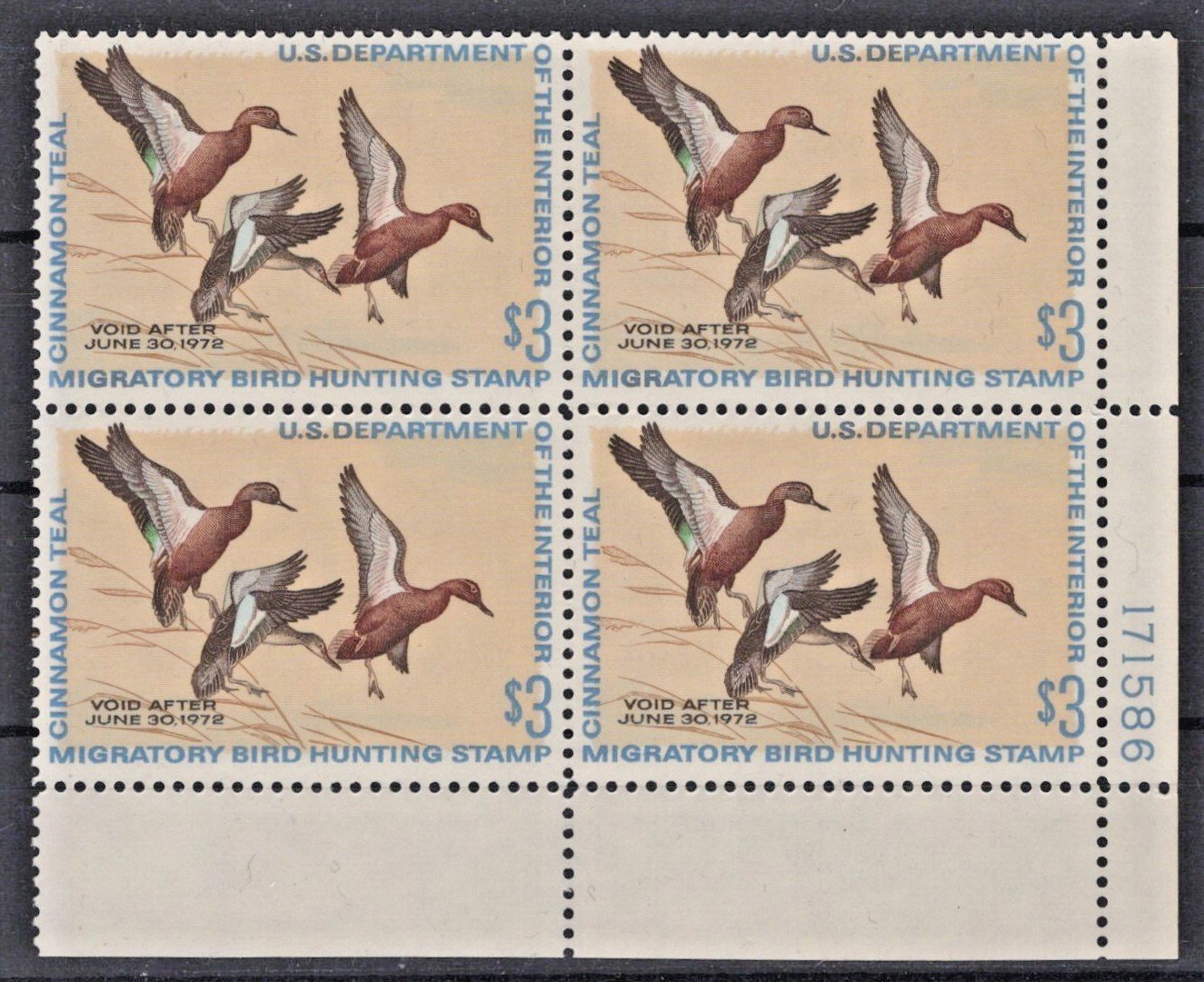 1971 US Cinnamon Teal $3 Duck Stamp Plate Block RW38 MNH F-VF, P# 171856 ZAYIX