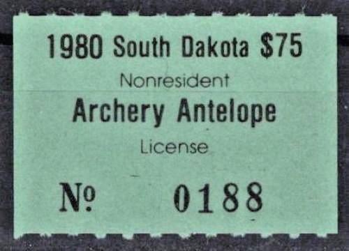 1980 South Dakota $75 Non-Resident Archery Elk License Stamp Cot# SD-AAN22 ZAYIX