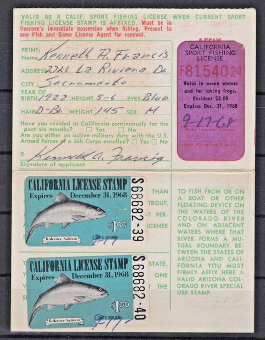 California 1968 Sport Fishing License CA-F11, FV5 Used ZAYIX