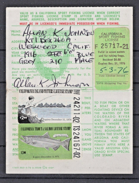 California 1976 Trout & Salmon License Stamp VA-FI15, FV13, T&S5 Used ZAYIX