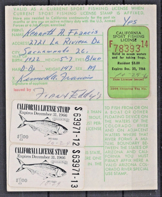 California 1966 Sport Fishing License CA-F9, FV3 ZAYIX
