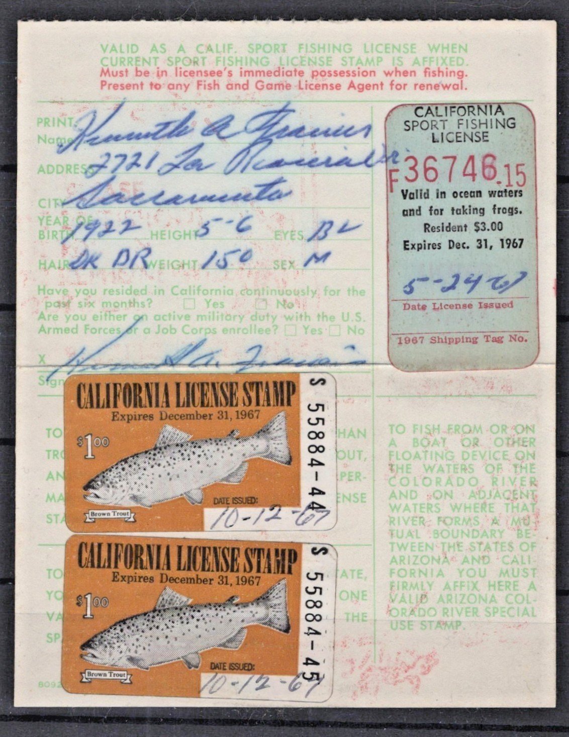 California 1967 Sport Fishing License CA-F10, FV4 Used ZAYIX