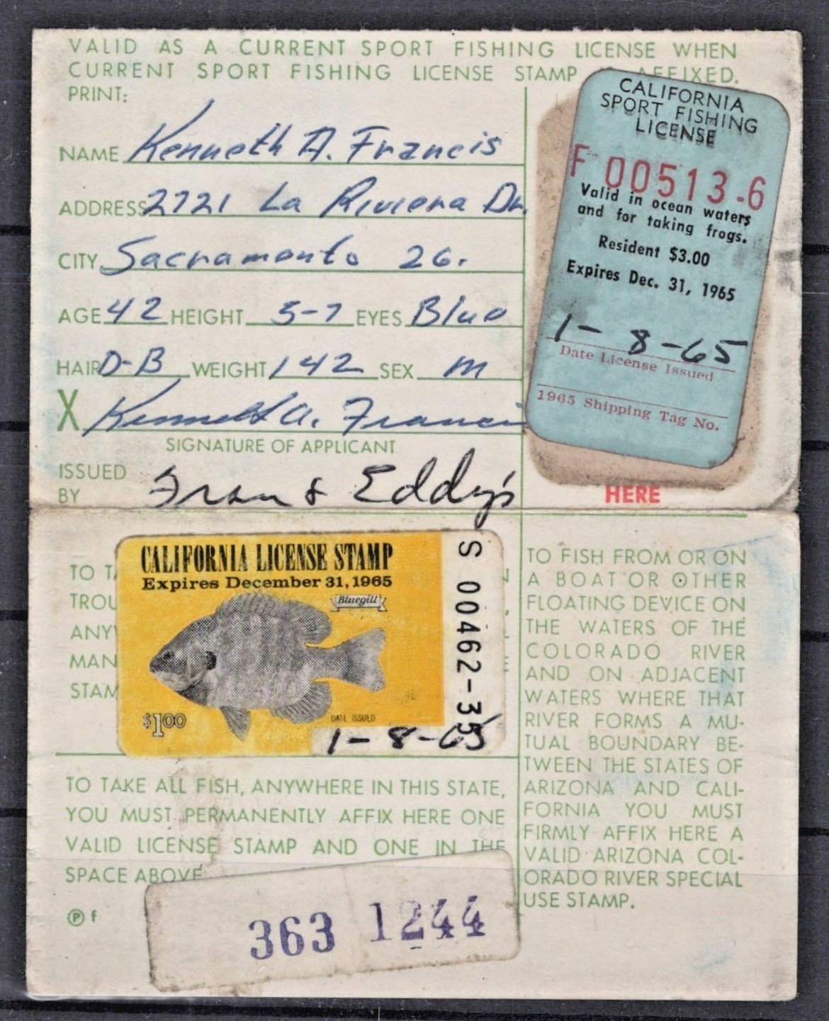 California 1965 Sport Fishing License CA-F8, FV2 Used ZAYIX