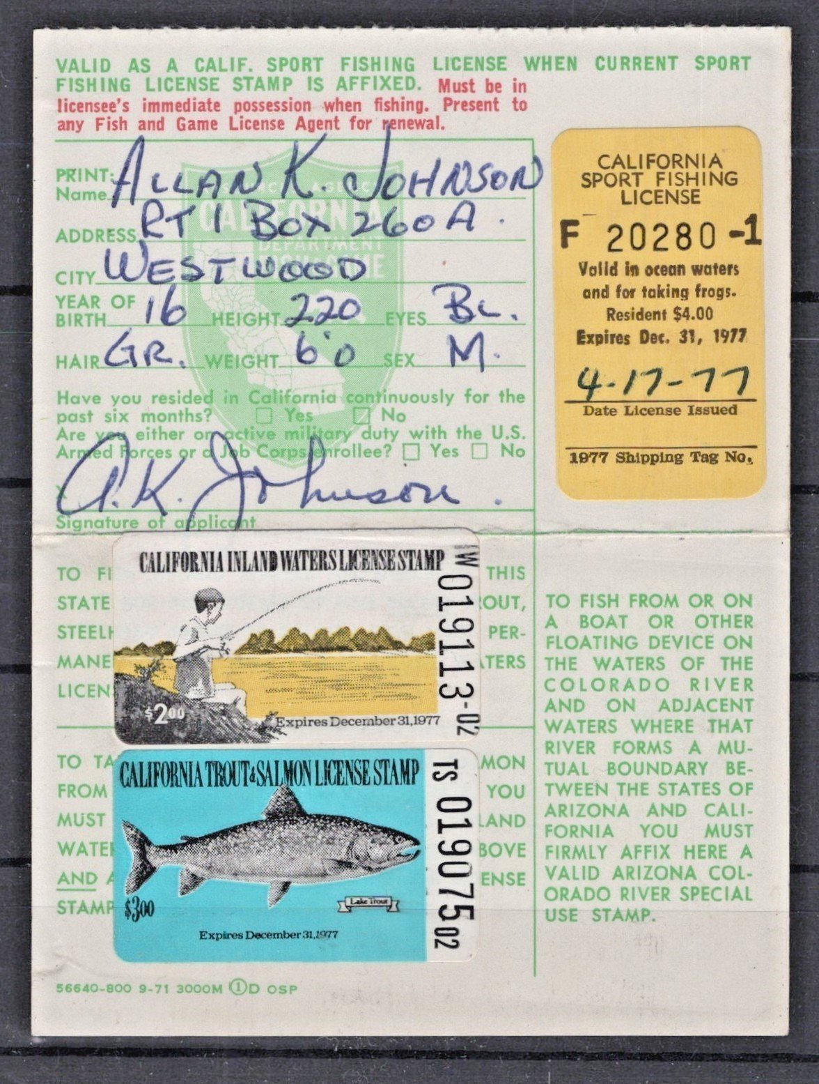 California 1977 Trout & Salmon Stamp on License CA-FI6, FV14, T &S6 Used ZAYIX