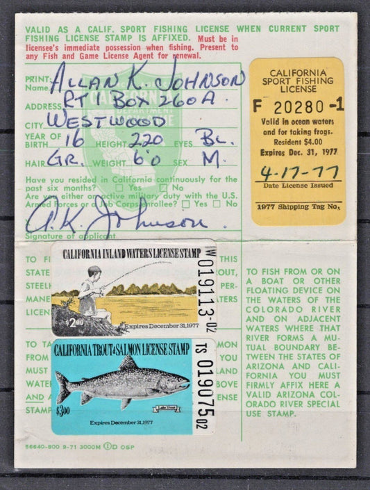 California 1977 Trout & Salmon Stamp on License CA-FI6, FV14, T &S6 Used ZAYIX
