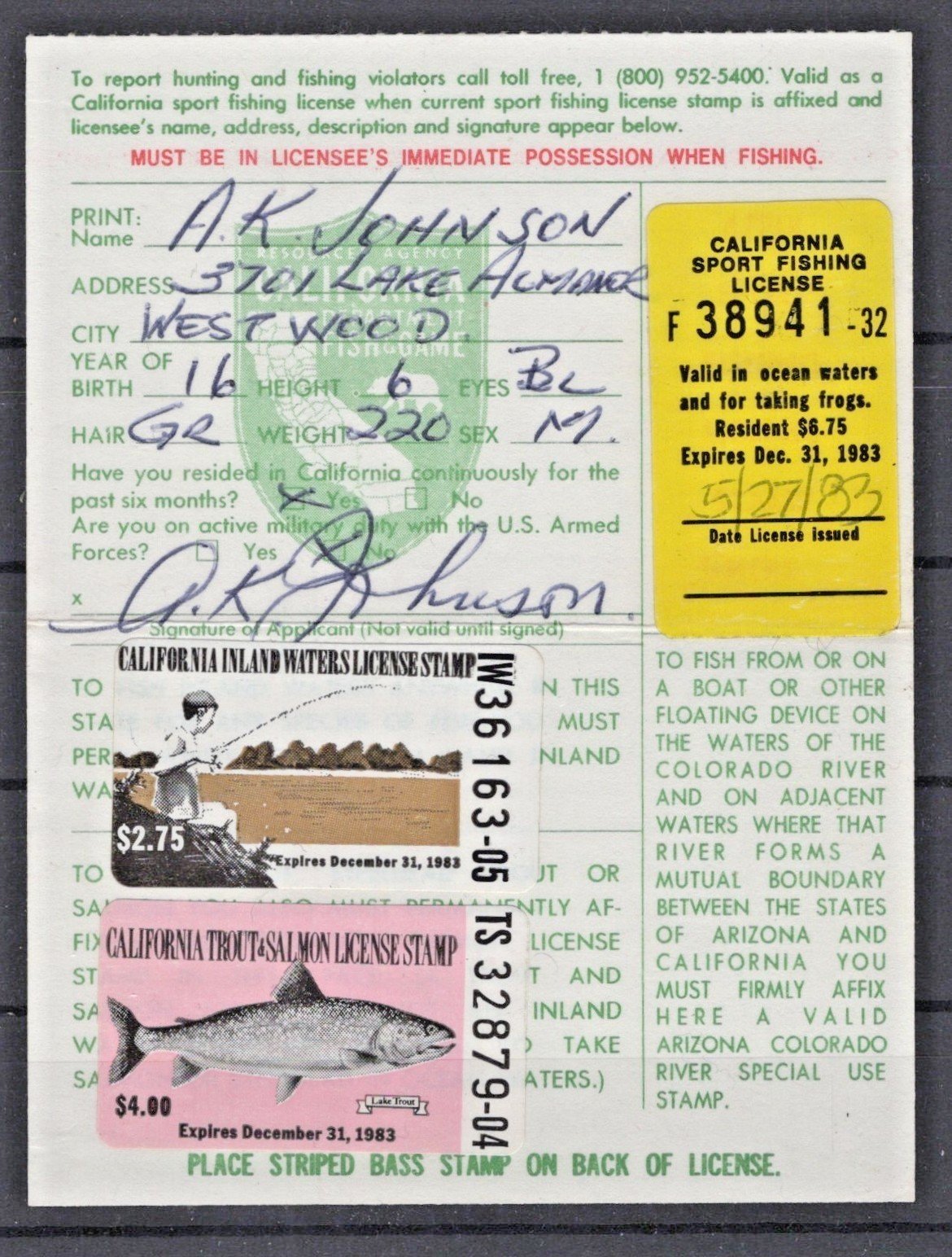 California 1983 Trout & Salmon License Cotton# CA-FI1, FV20, T&S12 Used ZAYIX