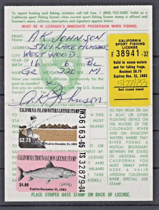 California 1983 Trout & Salmon License Cotton# CA-FI1, FV20, T&S12 Used ZAYIX