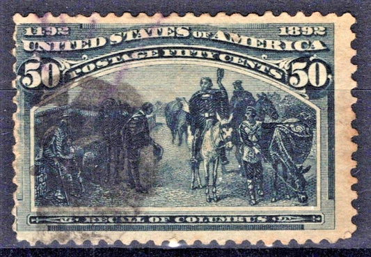 US 1893 50c Columbian Exposition, slate blue, Scott# 240 Fine Used, fault ZAYIX