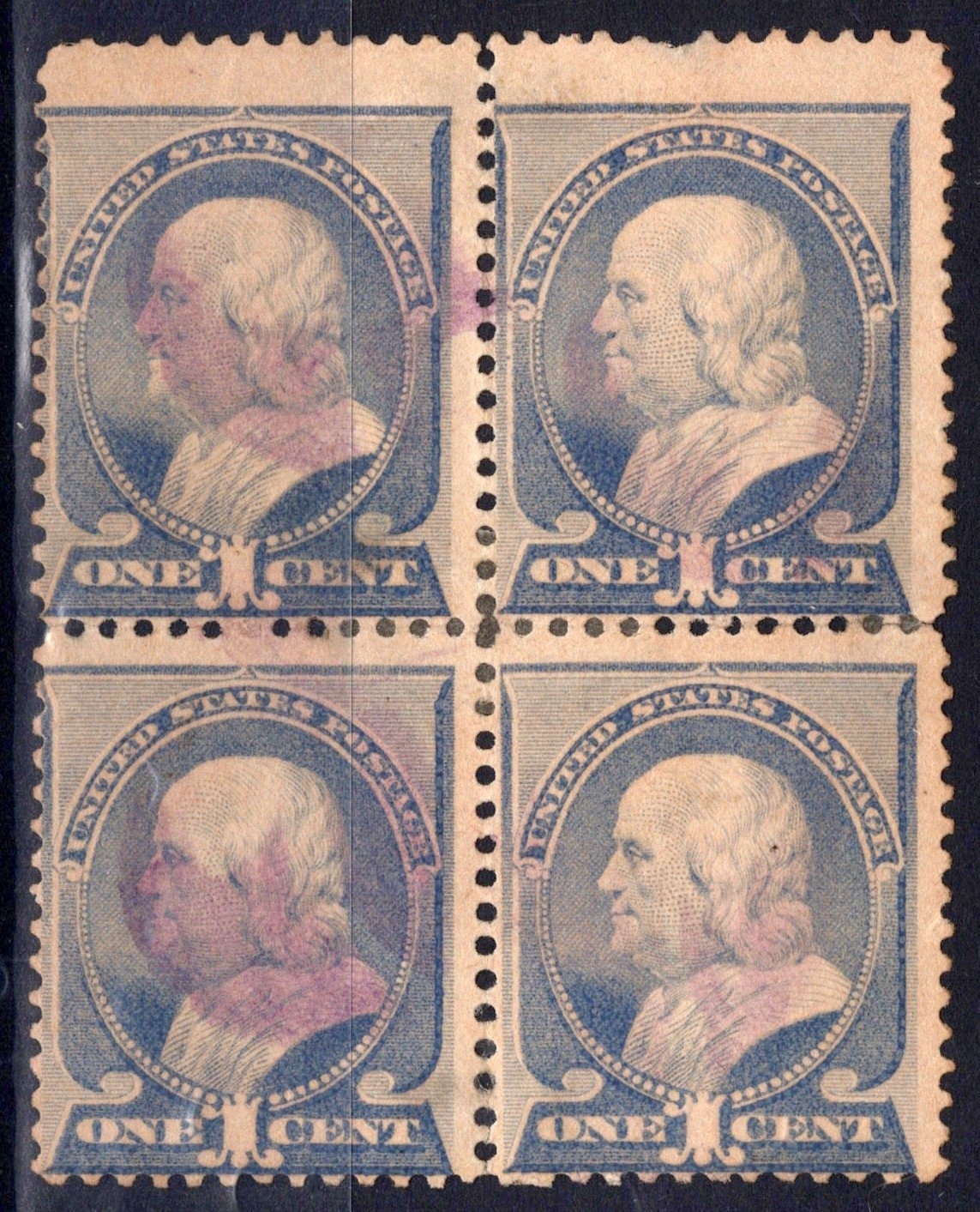 US 1887 1c ultra Franklin block American Bank Note Co Scott# 212 Used Fine ZAYIX