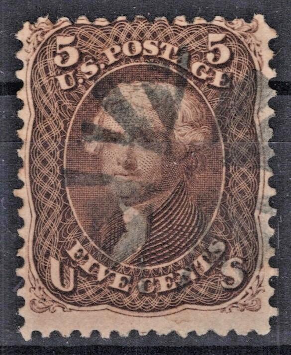 US 1863 5c brown Jefferson National Bank Note No Grill Scott# 76 Used F-VF ZAYIX