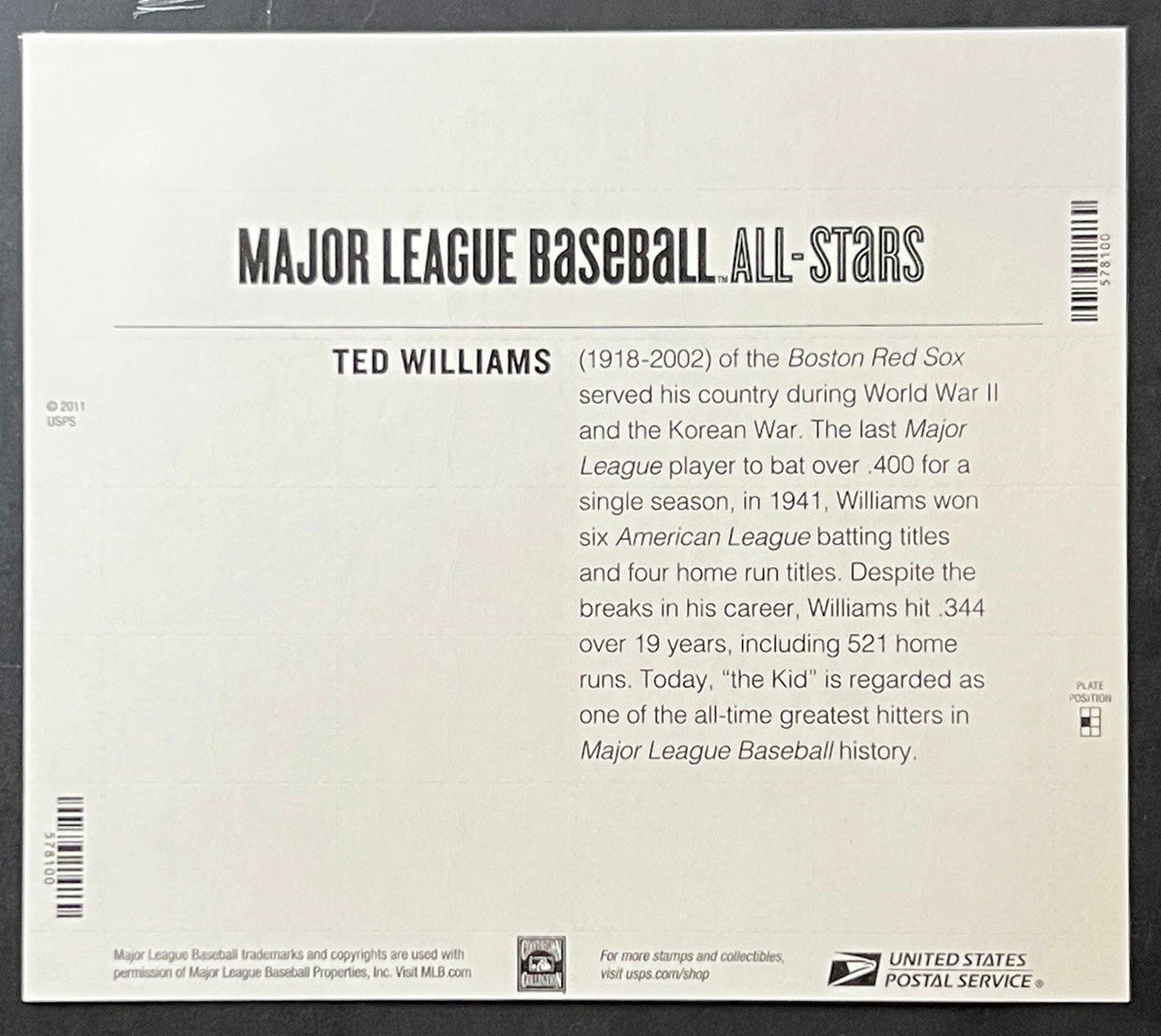 US 4694 Mint Sheet (MNH) Ted Williams Forever Stamp 2012 ZAYIX