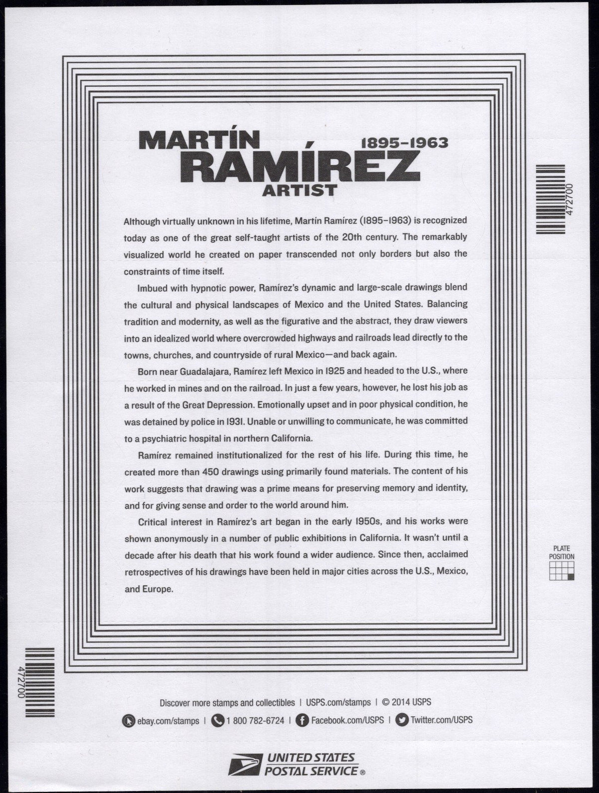 US 4968-4972 Mint Sheet (MNH) Martin Ramirez Artist Forever Stamp 2015 ZAYIX