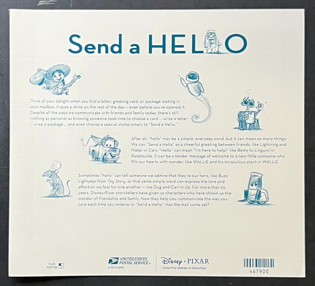 US 4553-4557 Mint Sheet (MNH) Pixar Films Send A Hello Forever Stamp 2011 ZAYIX