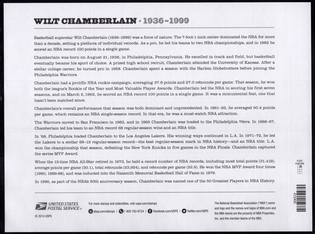 US 4950-4951 Mint Sheet (MNH) Wilt Chamberlain Forever Stamp 2014 ZAYIX