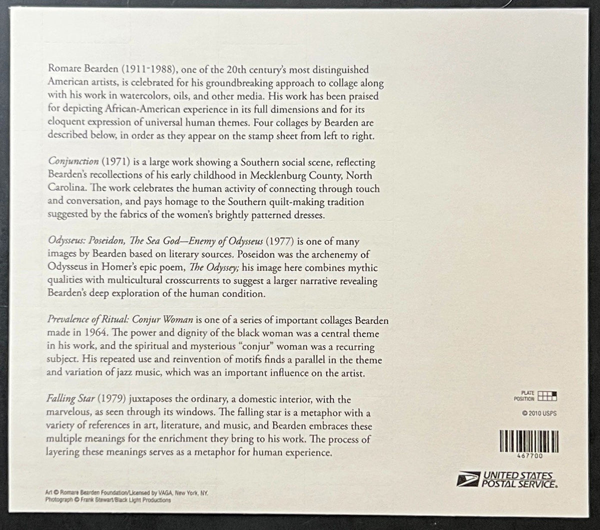 US 4566-4569 Mint Sheet (MNH) Romare Bearden Artist Forever Stamp 2011 ZAYIX