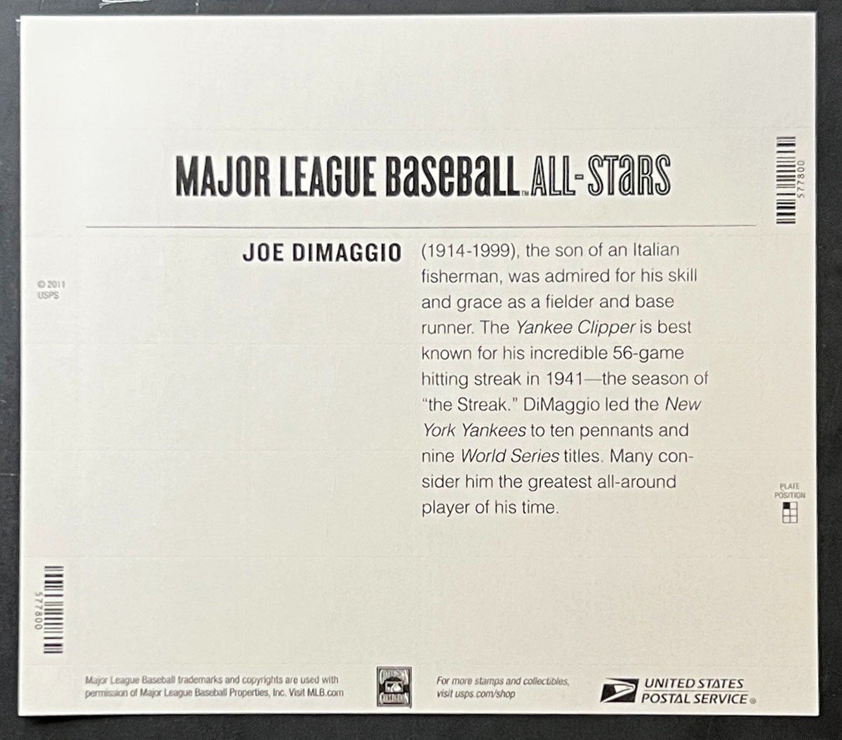 US 4697 Mint Sheet (MNH) Joe Dimaggio Forever Stamp 2012 ZAYIX