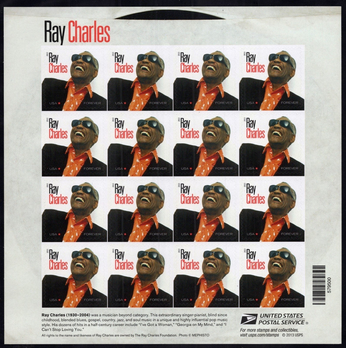 US 4807 Mint Sheet (MNH) Ray Charles Music Icons Forever Stamp 2013 ZAYIX
