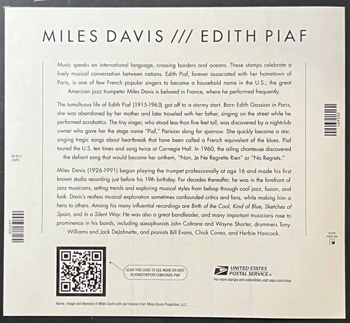 US 4692-4693 Mint Sheet (MNH) Miles Davis & Edith Piaf Forever Stamp 2012 ZAYIX