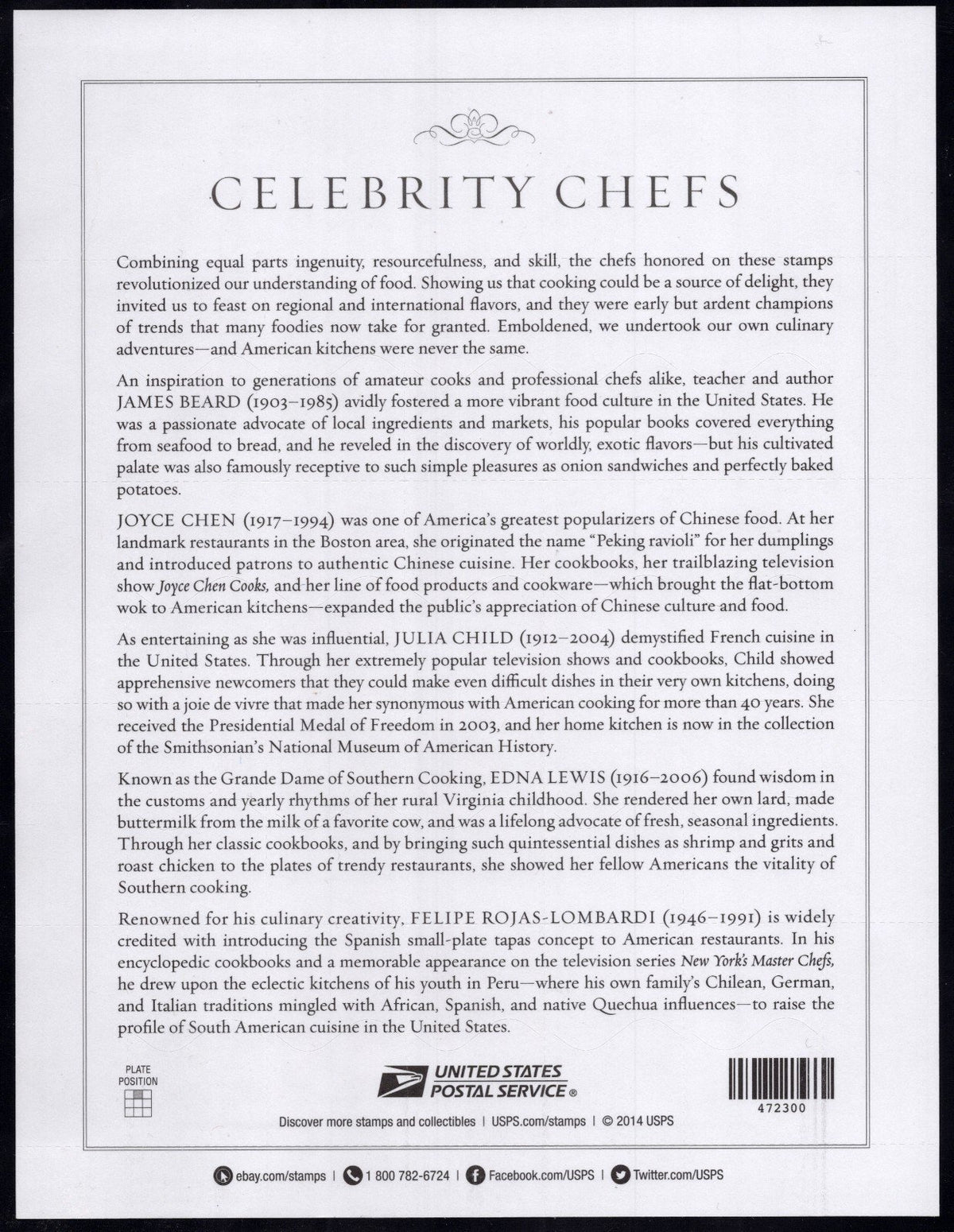 US 4922-4926 Mint Sheet (MNH) Celebrity Chefs Forever Stamp 2014 ZAYIX