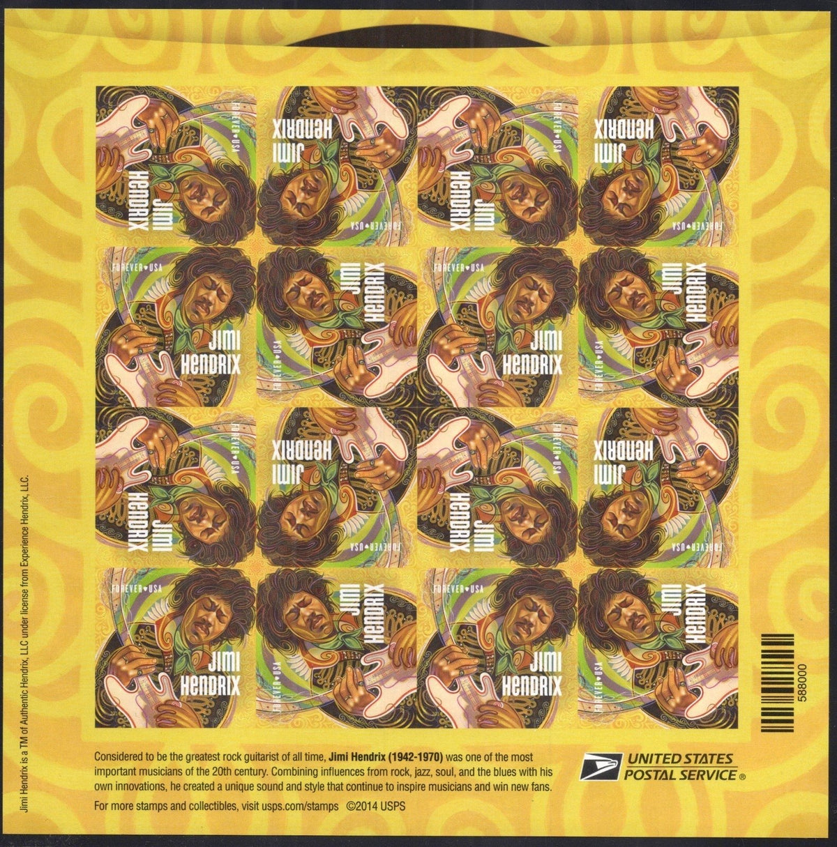US 4880 Mint Sheet (MNH) Jimi Hendrix Music Icons Forever Stamp 2014 ZAYIX