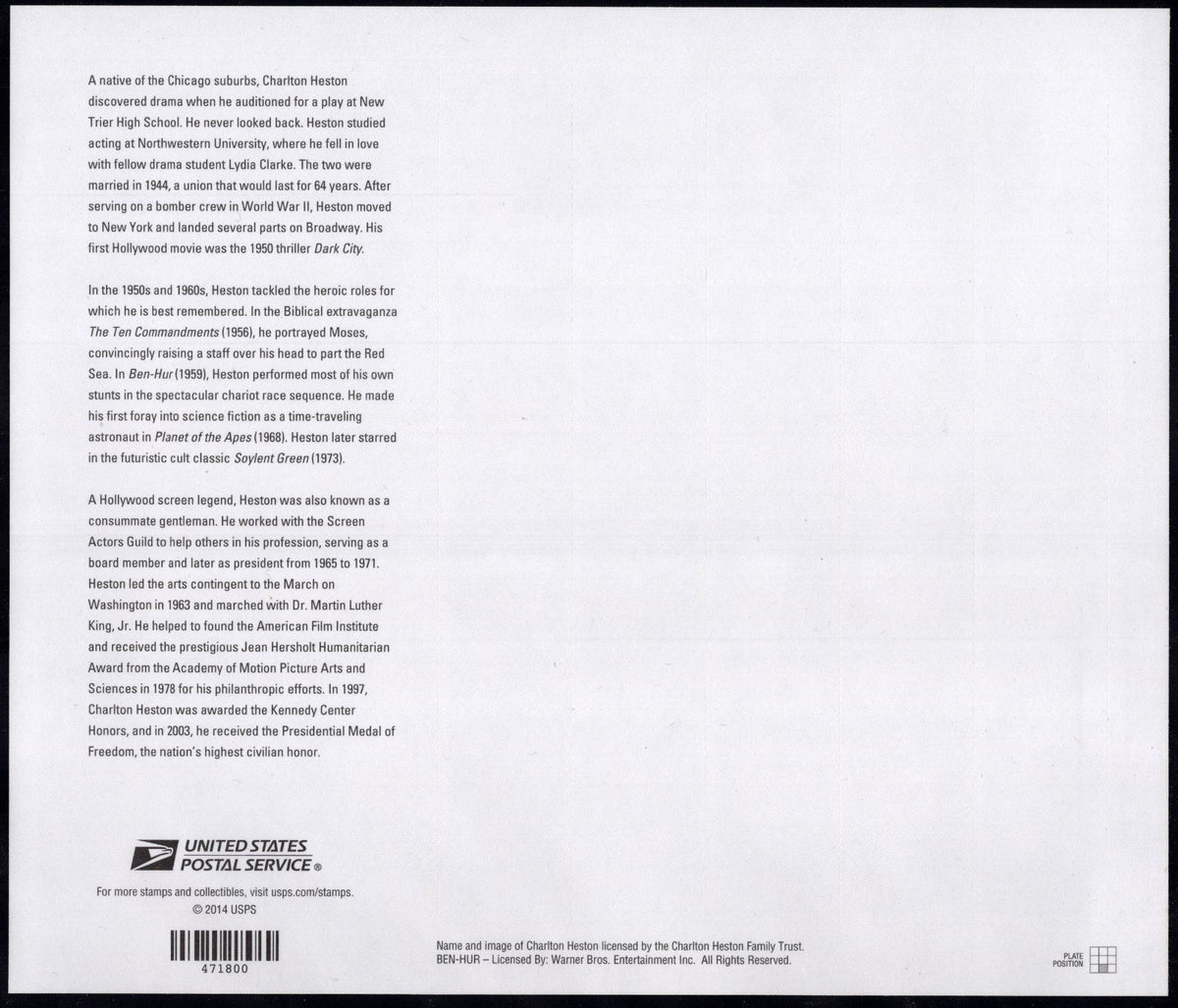 US 4892 Mint Sheet (MNH) Charlton Heston Hollywood Forever Stamp 2014 ZAYIX