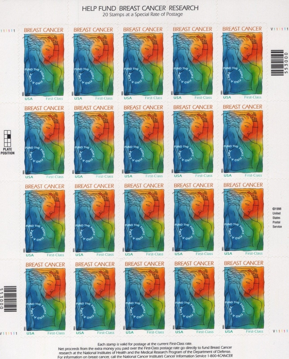 US B1 Mint Sheet (MNH) Breast Cancer Research First-Class Stamp 1998 ZAYIX