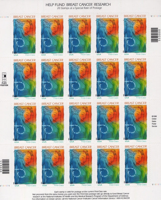 US B1 Mint Sheet (MNH) Breast Cancer Research First-Class Stamp 1998 ZAYIX