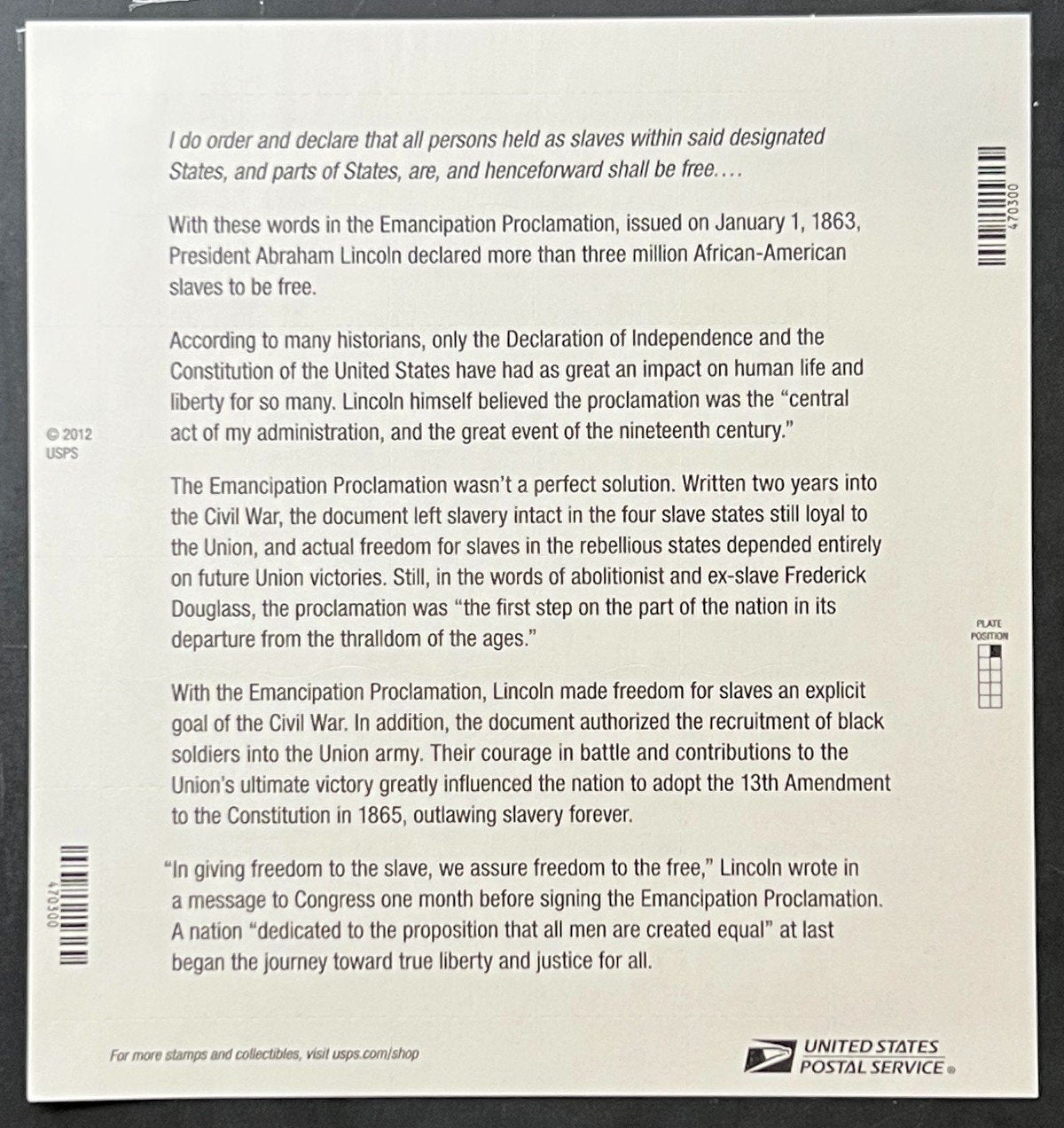 US 4721 Mint Sheet (MNH) Emancipation Proclamation Forever Stamp 2013 ZAYIX