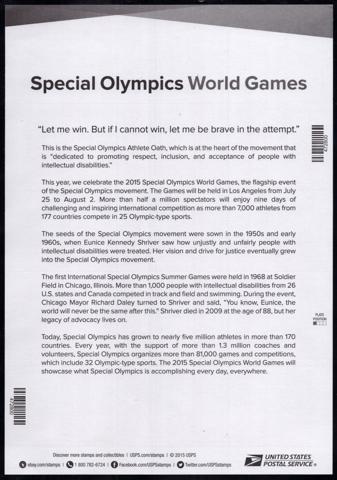 US 4986 Mint Sheet (MNH) Special Olympic World Games Forever Stamp 2015 ZAYIX