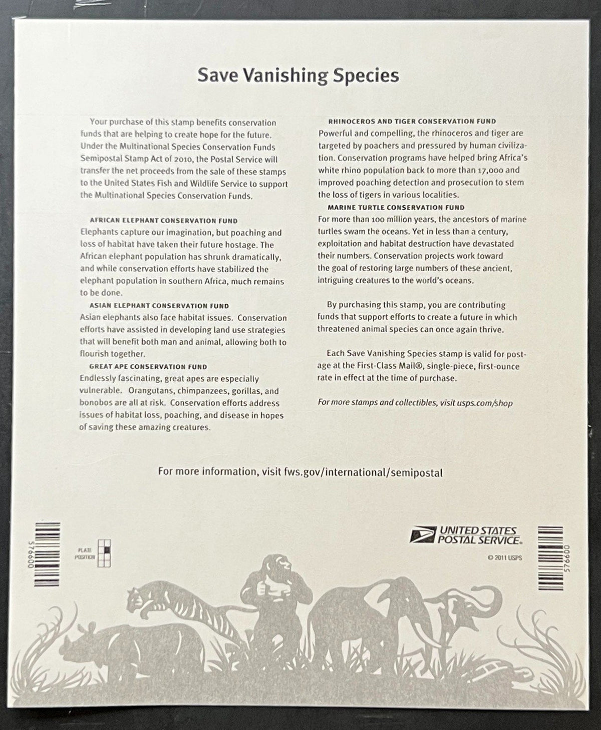 US B4 Mint Sheet(MNH) Protecting Vanishing Wildlife First-Class Stamp 2011 ZAYIX