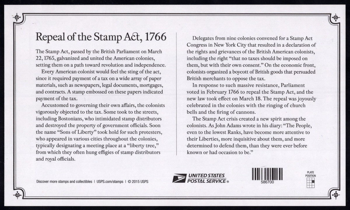 US 5064 Mint Sheet (MNH) Repeal of Stamp Act 1766 Forever Stamp 2016 ZAYIX