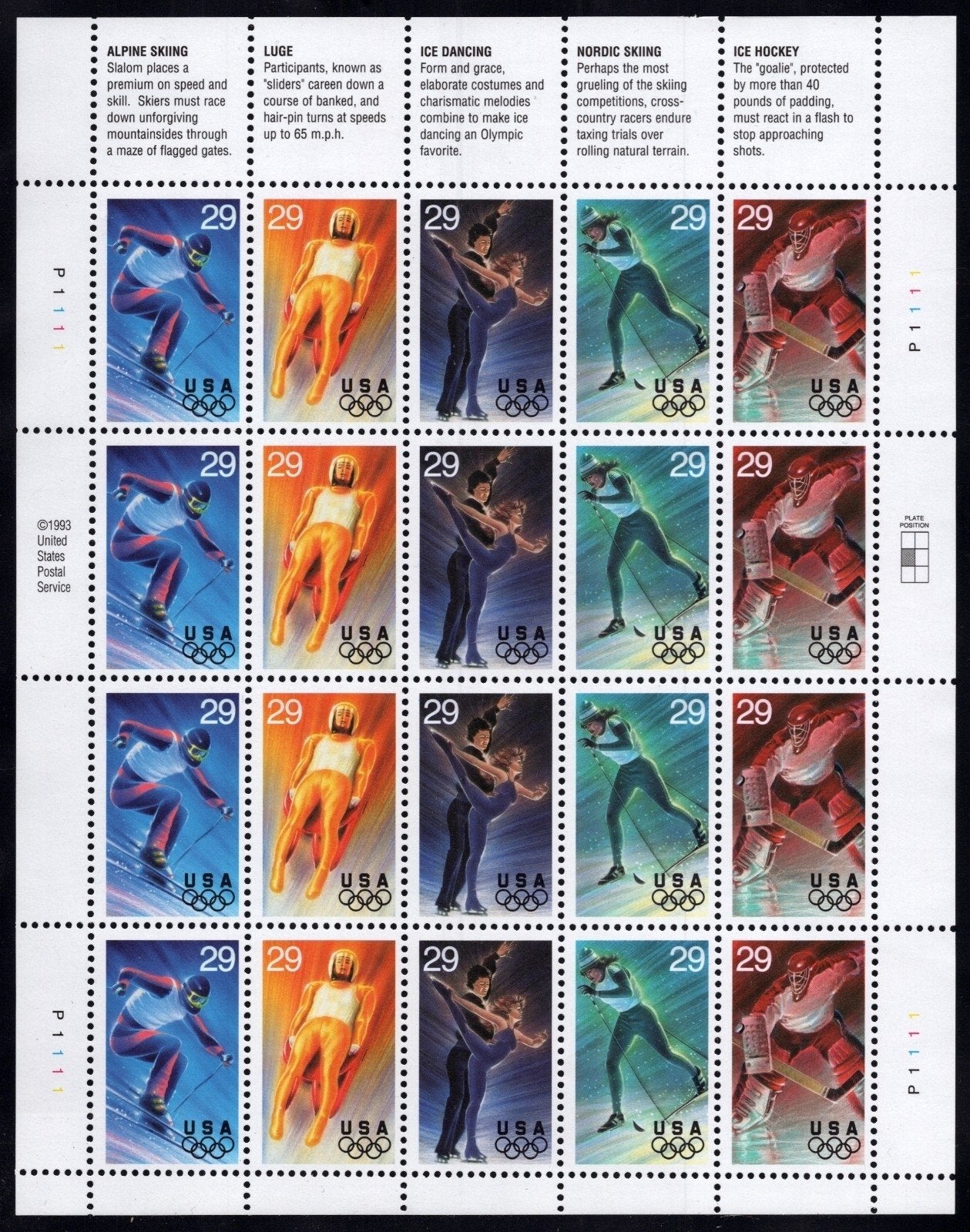 US 2807-2811  Mint Sheet (MNH) Winter Olympics Norway 29-Cent 1994 ZAYIX