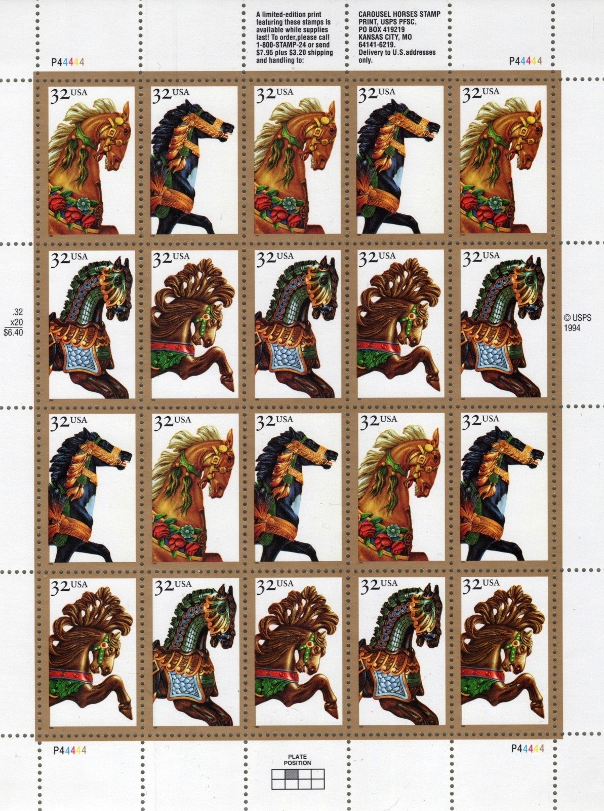 US 2976-2979 Mint Sheet (MNH) Carousel Horses 32-Cent 1995 ZAYIX
