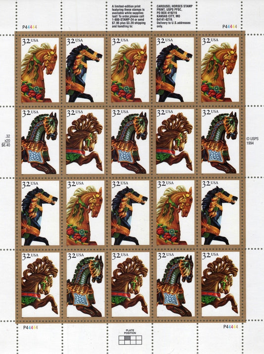 US 2976-2979 Mint Sheet (MNH) Carousel Horses 32-Cent 1995 ZAYIX