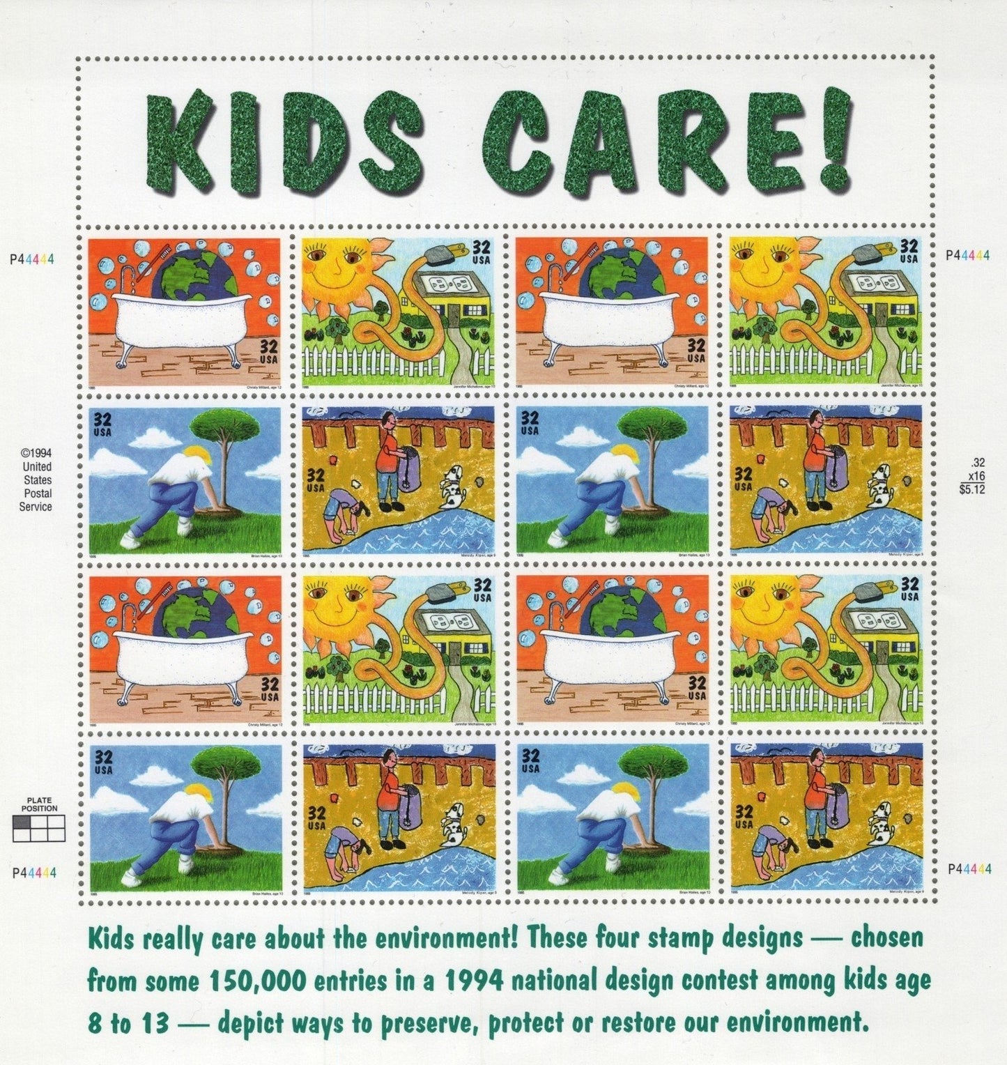 US 2951-2954 Mint Sheet (MNH) Earth Day Kids Care 32-Cent 1995 ZAYIX