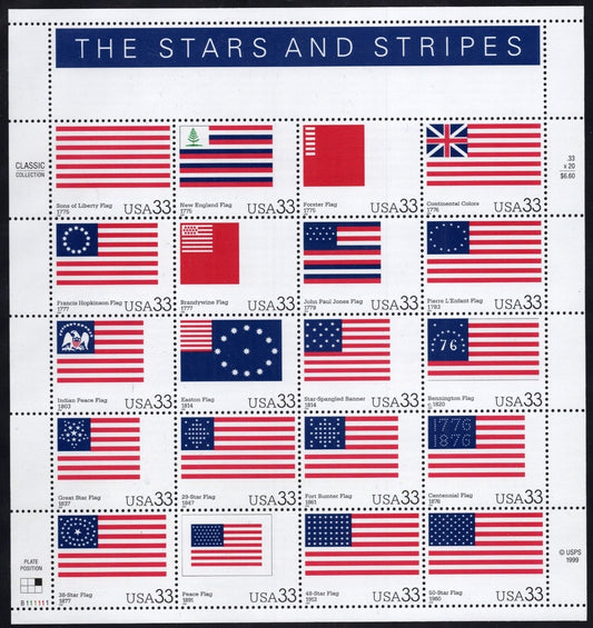 US 3403 Mint Sheet (MNH) The Stars And Stripes Historic Flags 33-Cent 2000 ZAYIX