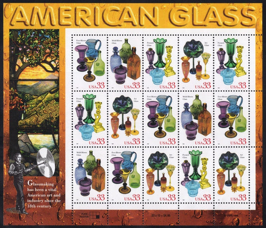 US 3325-3328 Mint Sheet (MNH) American Glass 33-Cent 1999 ZAYIX