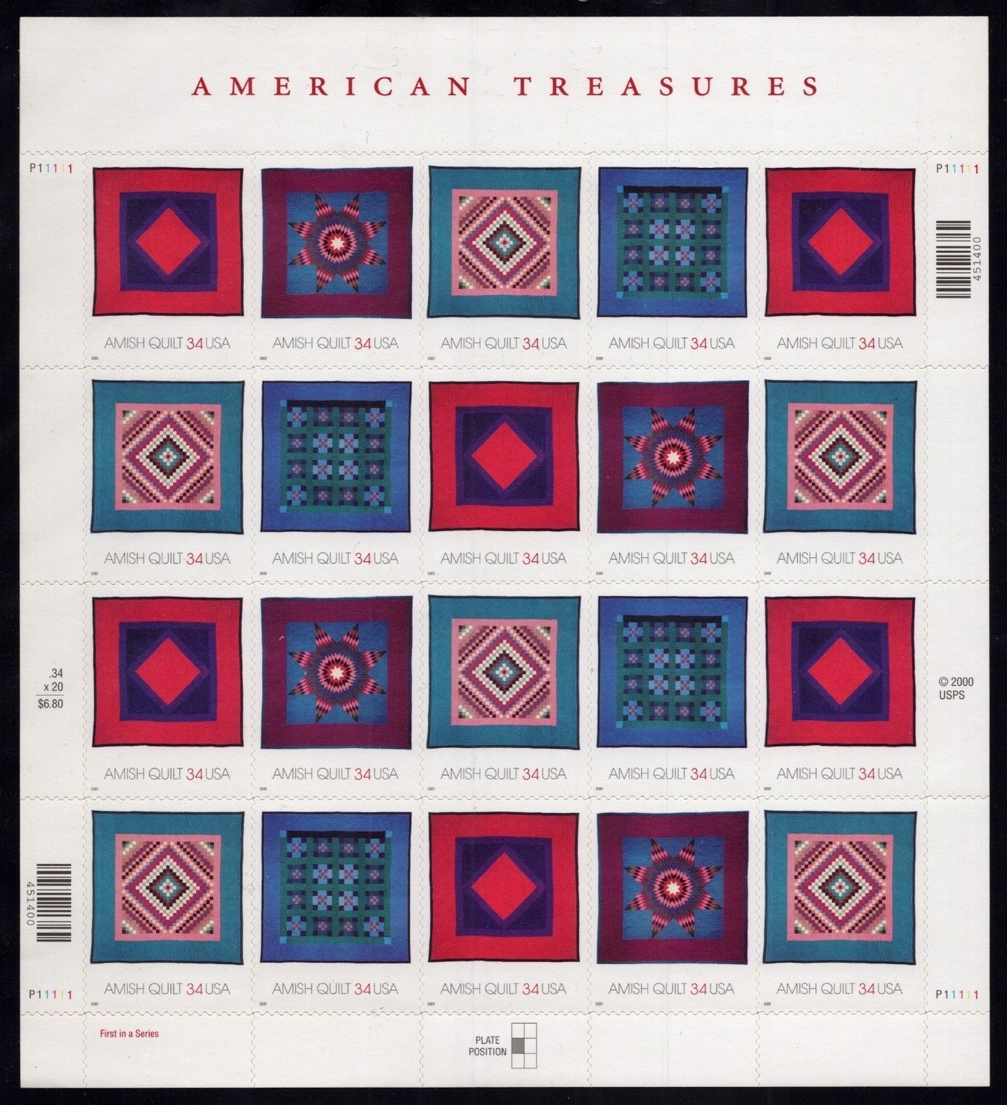 US 3524-3527 Mint Sheet (MNH) American Treasures Amish Quilts 34-Cent 2001 ZAYIX