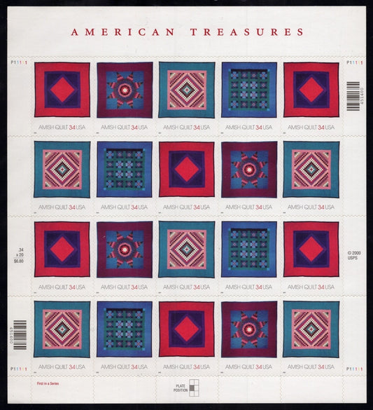 US 3524-3527 Mint Sheet (MNH) American Treasures Amish Quilts 34-Cent 2001 ZAYIX