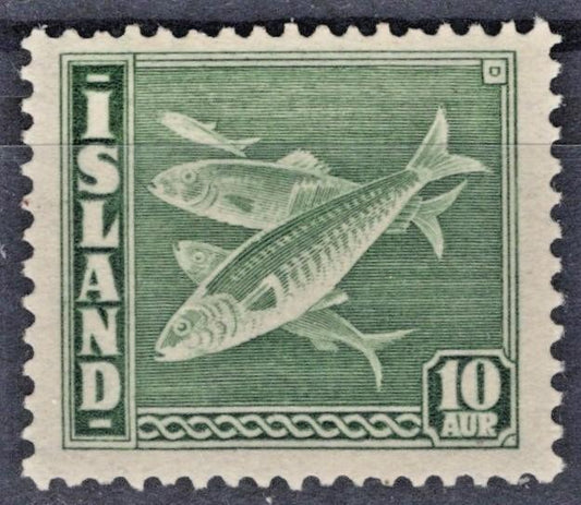 Iceland 1939 10a green Codfish Perf 14 x 13 1/2 Scott #221b MH F-VF ZAYIX