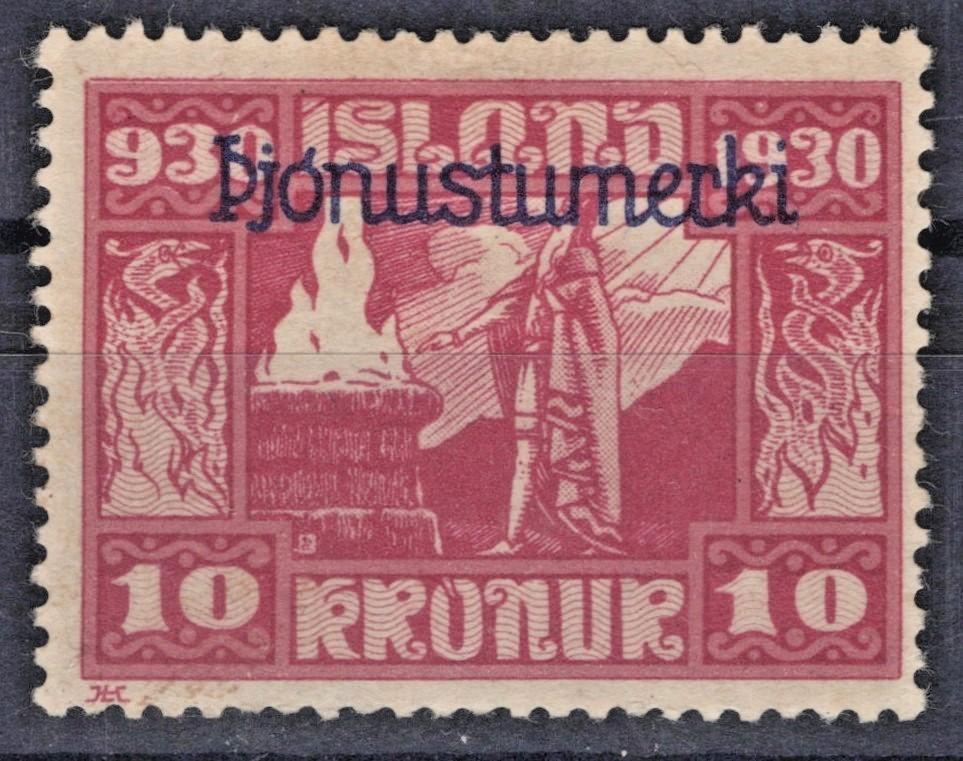 Iceland 1930 10k Official Stamp Overprint in Blue Scott #O67 MH F-VF ZAYIX