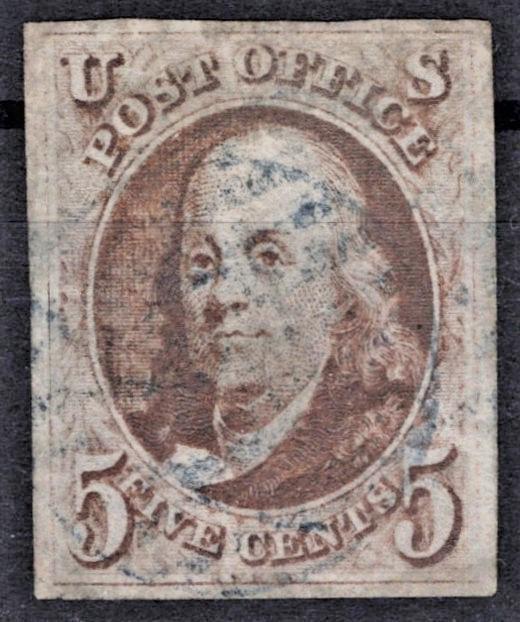 US 1847 5c brown Benjamin Franklin Scott #1 Used VF Good Margins ZAYIX